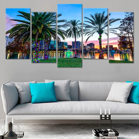 Orlando skyline with palm trees — modern canvas wall art featuring vibrant evening tones, perfect for contemporary living rooms.