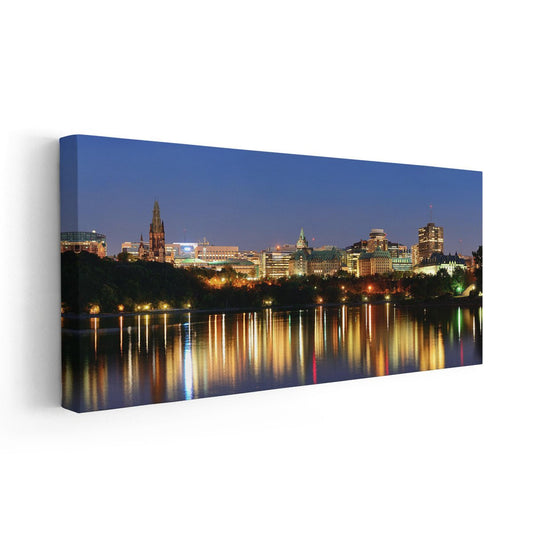 Canada cityscape — modern canvas wall art of Ottawa skyline with warm golden lights, inspiring and peaceful addition to bedroom or office.
