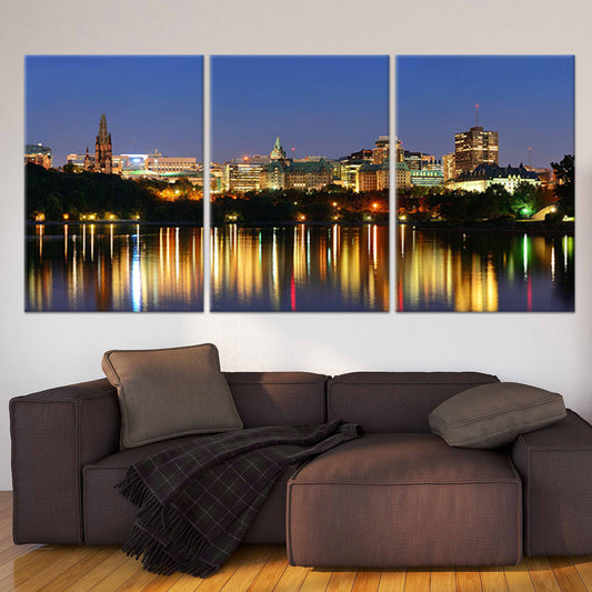 Ottawa skyline at night — large canvas wall art with glowing reflections over the river, perfect for modern living room wall decor.