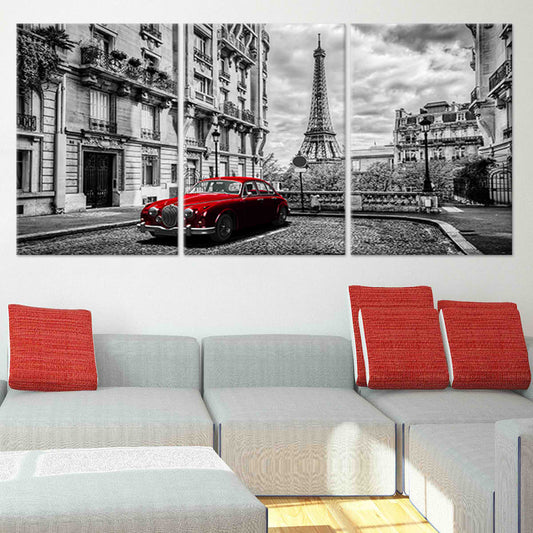 Paris skyline with red vintage car — large canvas wall art for living room, elegant black-and-white tone with modern pop design.