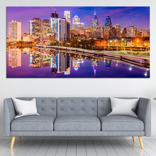 Philadelphia skyline at night — modern canvas wall art for living room with golden reflections and inspiring city lights view.