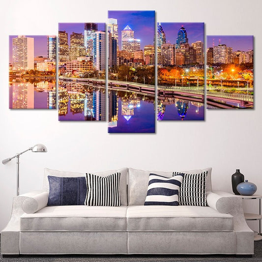 Downtown Philadelphia cityscape — large canvas wall art for bedroom showcasing glowing night tones and uplifting urban charm.