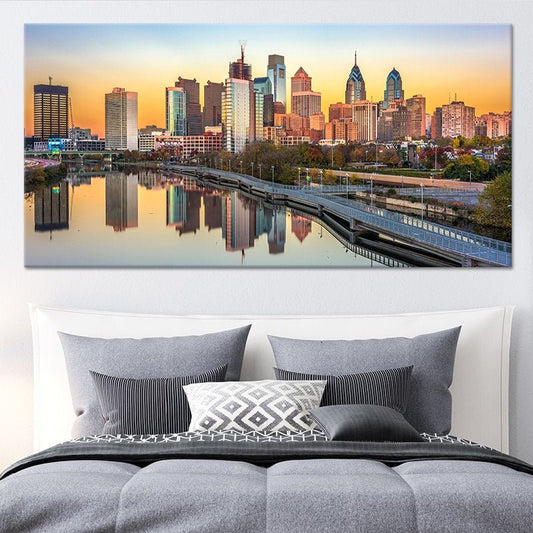 Philadelphia skyline reflection — modern canvas wall art for living room with uplifting orange tones and inspiring city charm.