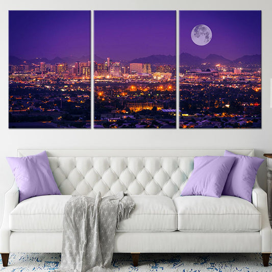 Phoenix skyline at night — modern canvas wall art for living room featuring glowing city lights and a peaceful purple palette.