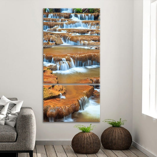 Golden forest waterfall canvas wall art for a calming living room wall art display, adding warm autumn tones and peaceful nature charm