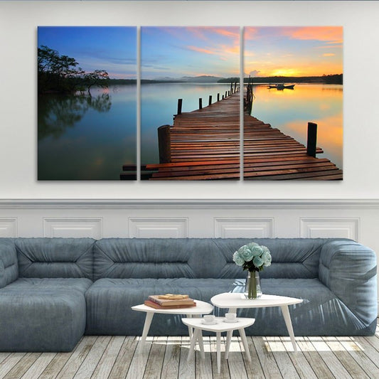 Pier at sunset canvas wall art for living room décor bringing a calming lakeside mood with soft evening tones perfect for peaceful waterfront interiors