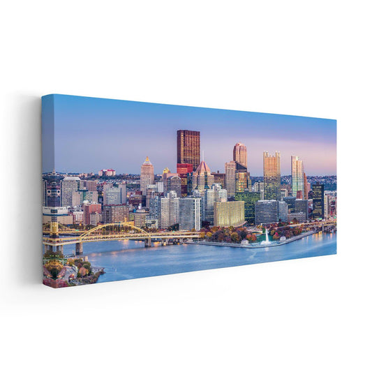 Downtown Pittsburgh skyline — large canvas wall art featuring evening lights, perfect for contemporary home or office decor.
