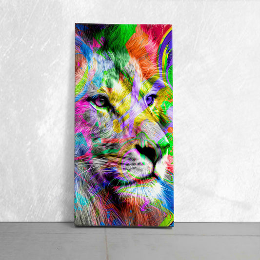 Colorful lion head in neon brushstrokes — large canvas wall art perfect for bedroom décor, bringing artistic vibrance and a lively mood.