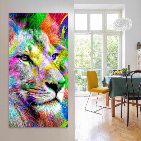 Pop art lion head in bold rainbow tones — canvas wall art for a modern living room, adding an uplifting and energetic focal piece to the décor.