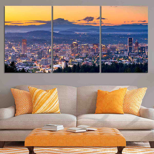 Portland skyline at sunset canvas wall art for living room — warm orange hues and mountain view create a calming modern decor.