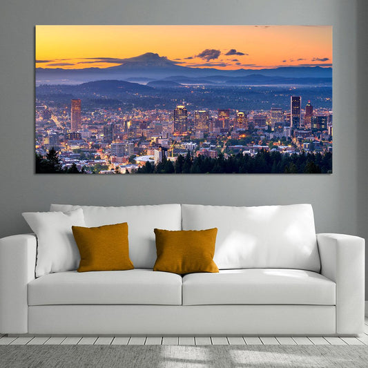 Panoramic Portland Oregon cityscape — large canvas wall art in golden evening tones, perfect for bedroom or office walls.