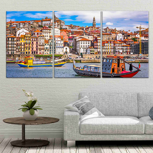 Porto skyline by the Douro River — large canvas wall art for living room, warm tones and classic architecture inspire modern décor.