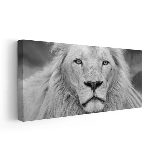Black and white lion face in minimalist style — large canvas wall art perfect for bedroom décor, bringing a calming yet bold wildlife presence.