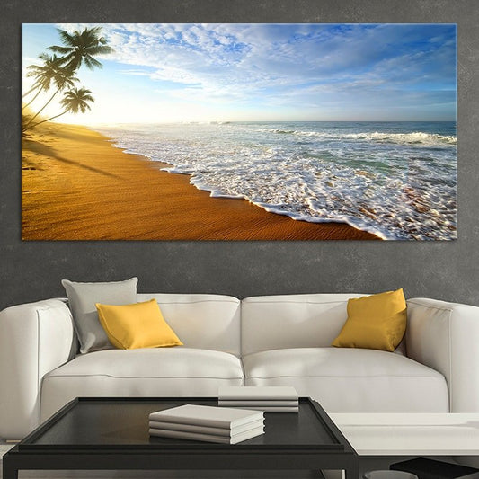 Golden sand and ocean — coastal canvas print with tropical palm view, calming wall décor perfect for bedroom or seaside home interiors.