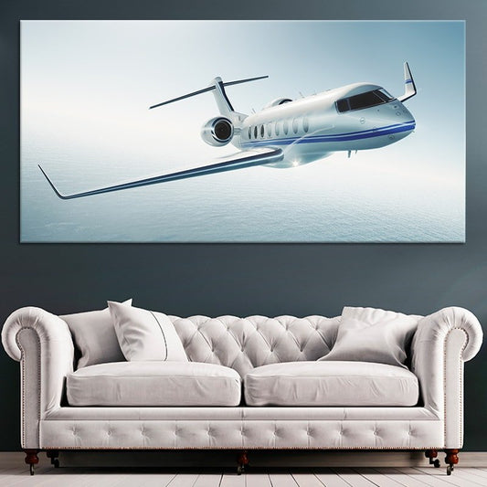 Private jet in flight — elegant canvas wall art for living room, symbolizing luxury, travel, and modern sophistication.