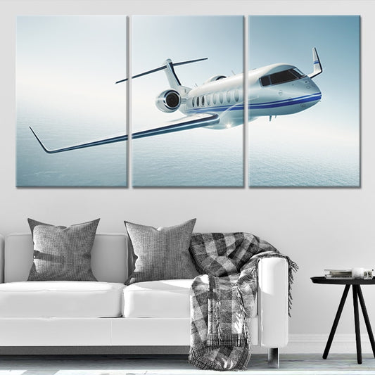 Sleek white private airplane — large canvas wall art with light blue tones, perfect for modern office or study decor.