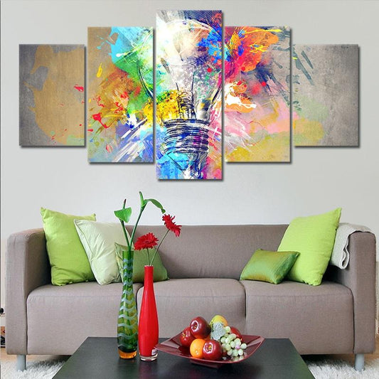 Colorful light bulb explosion — vibrant canvas wall art full of abstract hues, ideal for adding creativity to modern living room décor.