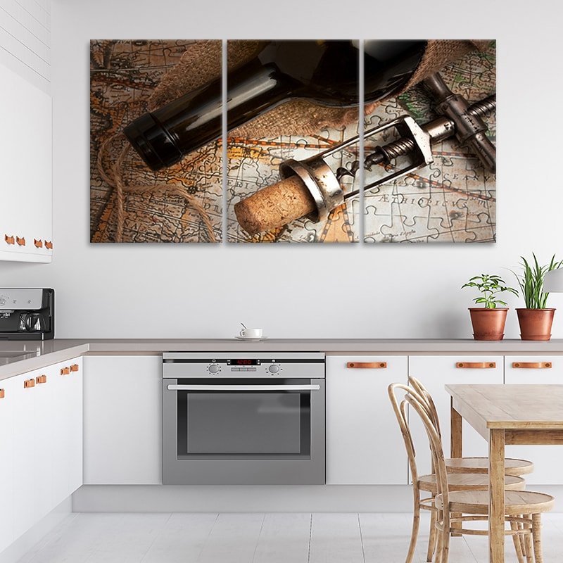 Red Wine & Corkscrew over map large wall art