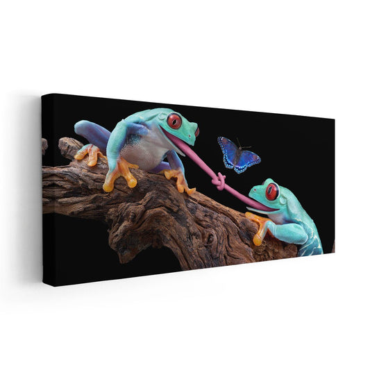 Vibrant tropical frogs in neon tones—large canvas wall art perfect for bold bedroom styling, creating an uplifting and energetic visual mood