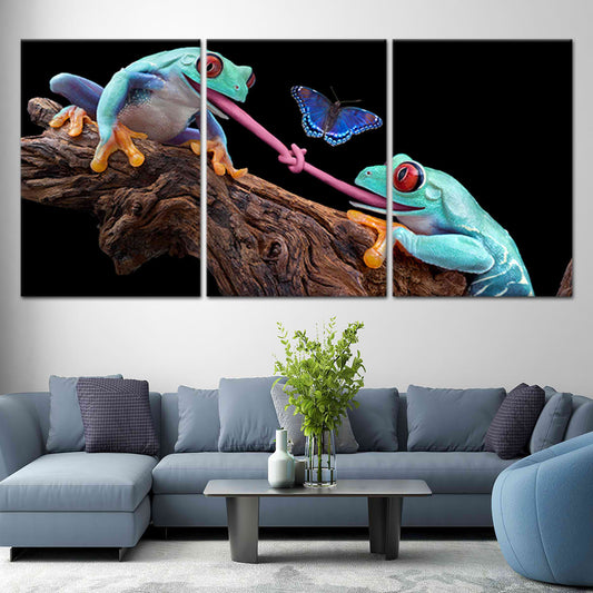 Red-eyed tree frog on dark branch—canvas wall art for modern living room decor, adding an inspiring and vibrant tropical accent to the space