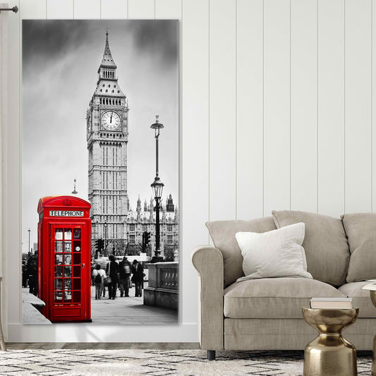 Iconic London street scene — modern canvas wall art, red telephone booth and Big Ben tower in striking monochrome contrast.