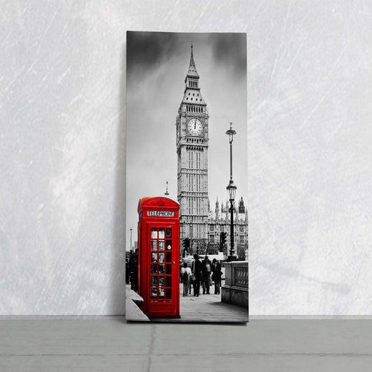 Red London phone booth — large canvas wall art for living room, classic British charm with black and white Big Ben backdrop.