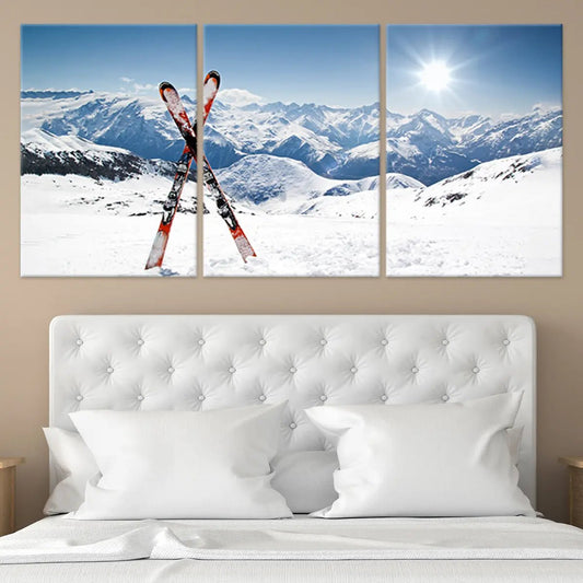 Red skis against bright alpine peaks canvas wall art for a cozy living room wall art setup, bringing an inspiring winter adventure vibe.