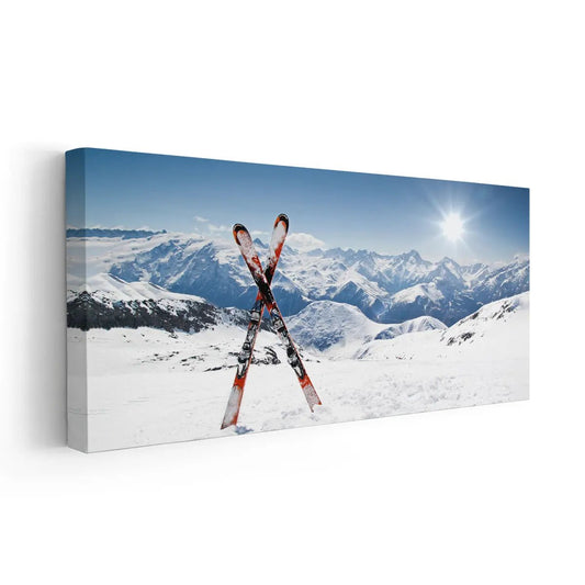 Vintage alpine ski scene in a crisp blue-white palette — large canvas wall art, perfect for adding uplifting winter charm to a bedroom.