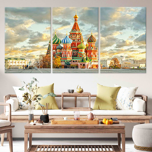 Red Square Moscow skyline — large canvas wall art for living room, warm golden tones and domes create an inspiring décor piece.