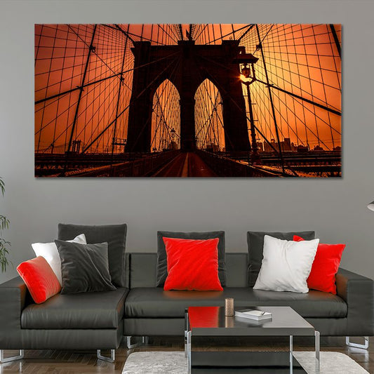 New York skyline bridge — large canvas wall art in rustic tones, peaceful and elegant accent for bedroom or office interior design.