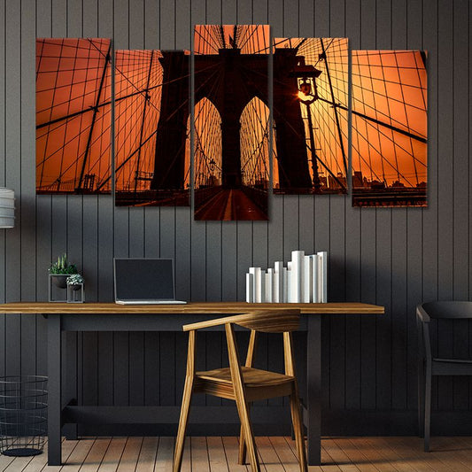 Brooklyn Bridge silhouette — modern canvas wall art with warm sunset glow, inspiring urban decor for stylish living room walls.