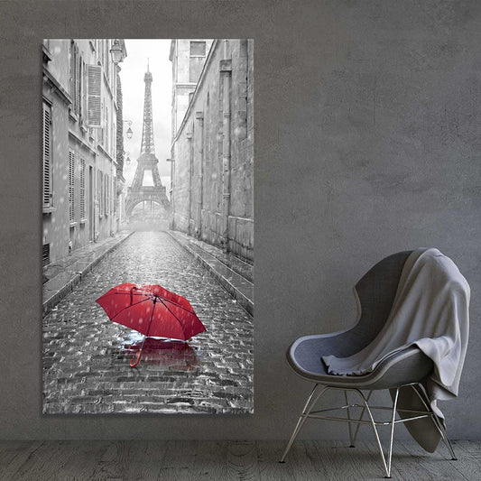 Romantic city alley scene — large canvas wall art featuring red umbrella and grayscale palette, perfect for bedroom decor.