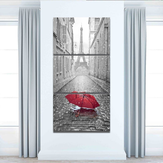 Black and white city view — large canvas art with striking red umbrella, elegant statement piece for modern living space.
