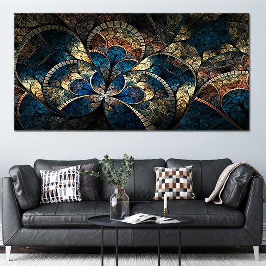 Golden and blue fractal blossom design in large canvas wall art, perfect for creating a peaceful modern home interior.