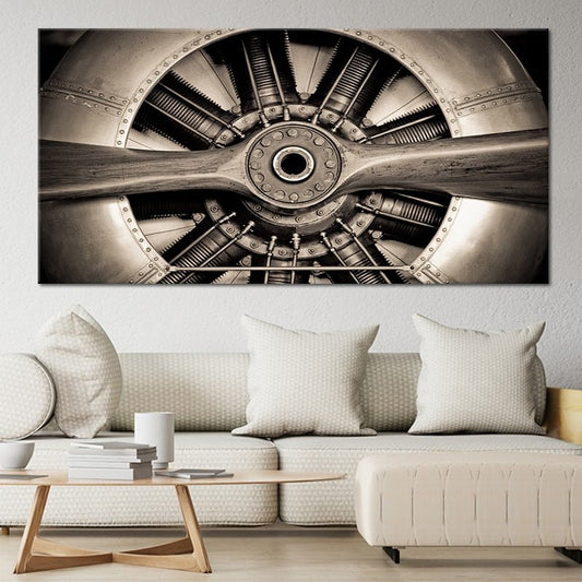 Metallic aircraft propeller — large canvas wall art with rustic tones, perfect for aviation lovers and modern industrial décor.