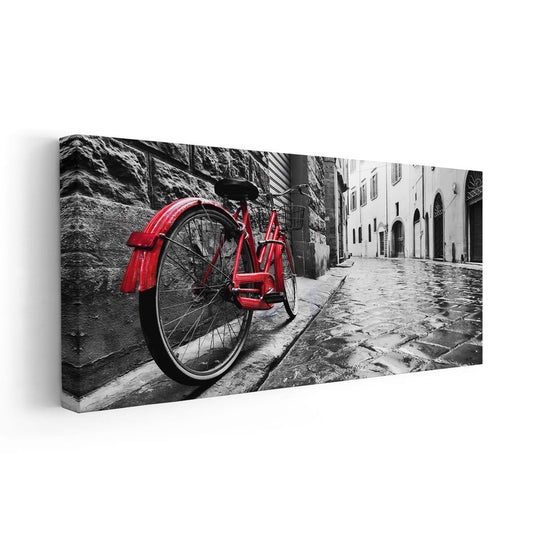 Classic red bike in black and white city scene — modern canvas wall art, striking contrast design for elegant home décor.