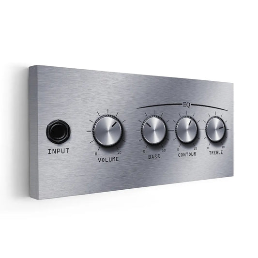 Stereo amplifier controls in minimalist palette — large canvas wall art for office brings calming analog character to contemporary spaces