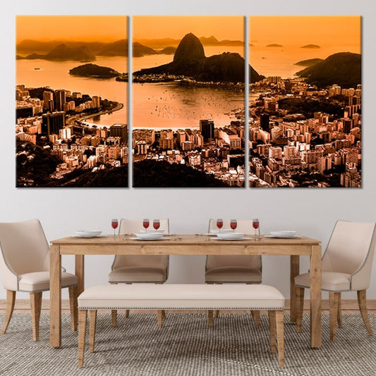 Rio de Janeiro skyline at sunset — large canvas wall art in warm orange tones, inspiring décor centerpiece for elegant living rooms.