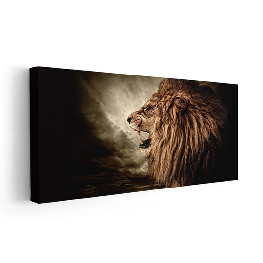 Lion face close-up — large canvas wall art with golden mane and dark background, adding bold sophistication to contemporary spaces.