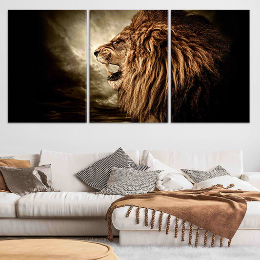 Roaring African lion — modern canvas wall art in black and gold tones, symbolizing courage and power, perfect for living room décor.