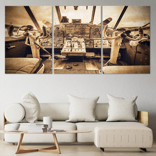 Rusted airplane cockpit — detailed canvas wall art for living room, showcasing industrial aviation charm and vintage appeal.
