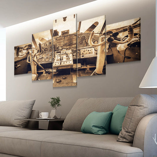 Vintage aircraft cockpit — large canvas wall art featuring rustic textures and nostalgic tones, ideal for aviation enthusiasts.
