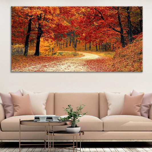 Fall woodland path glowing with crimson leaves Large canvas art adding a peaceful bedroom mood and cozy natural warmth for autumn décor lovers