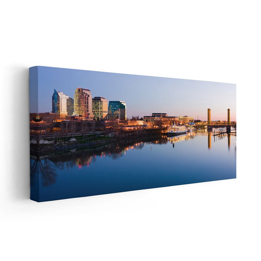 California cityscape — modern canvas wall art of Sacramento skyline in sunset tones, uplifting atmosphere for bedroom or office.
