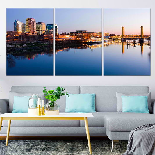 Sacramento skyline at dusk — large canvas wall art featuring city reflections on calm water, perfect for modern living room decor.