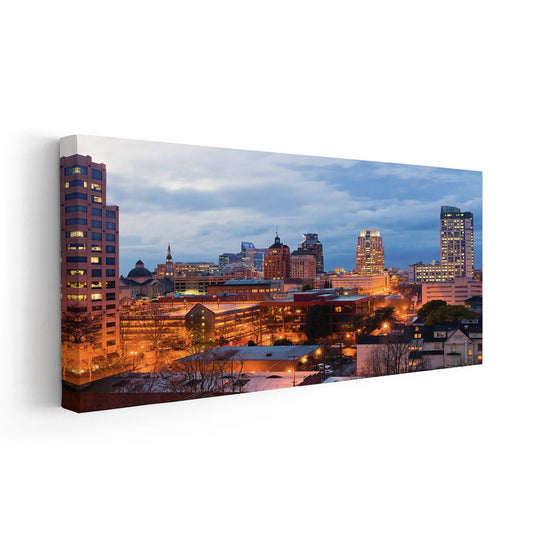 California cityscape — modern canvas wall art featuring Sacramento skyline under orange lights, inspiring addition to bedroom or office.