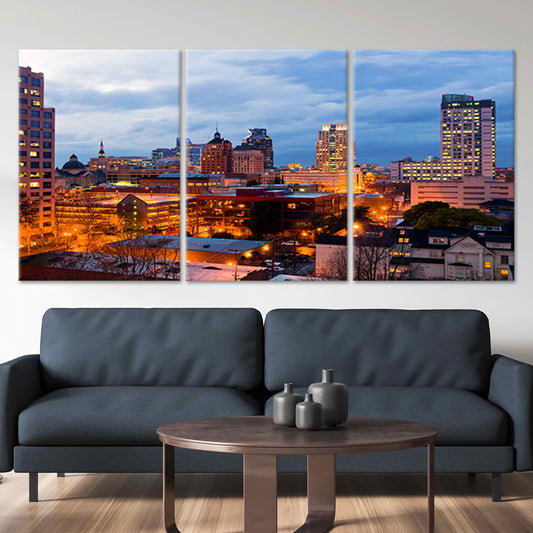 Sacramento skyline at night — large canvas wall art with glowing city lights and warm tones, perfect for modern living room decor.