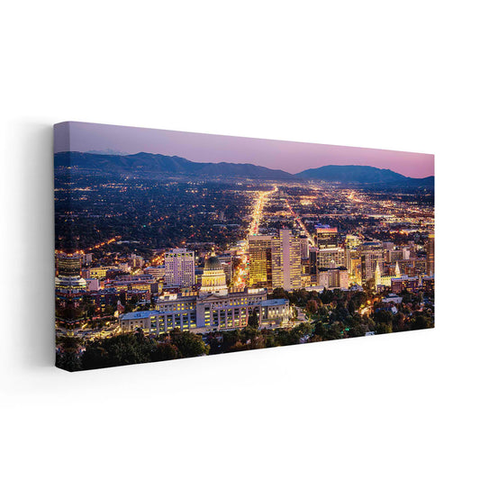 Utah cityscape — modern canvas wall art featuring Salt Lake City skyline glow, uplifting and stylish accent for bedroom or office.