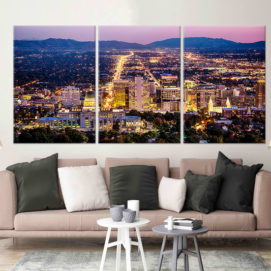 Salt Lake City skyline at night — large canvas wall art with golden city lights, perfect for modern living room wall decor.