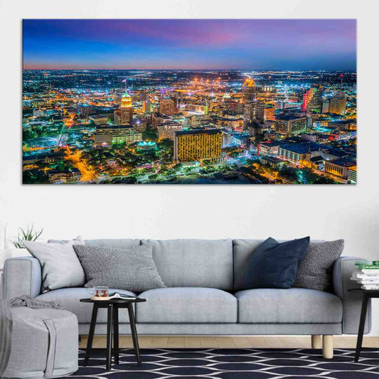Texas skyline nightscape — large canvas wall art with glowing city reflections, perfect for bedroom or contemporary office design.